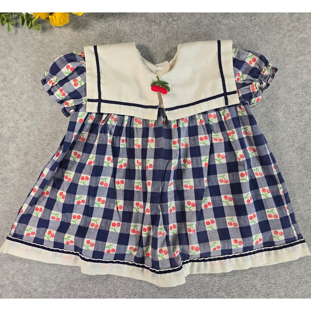 Vintage 80s Gingham Dress Baby 6-12m Cherry Sailor Collar Embroidered Cottage